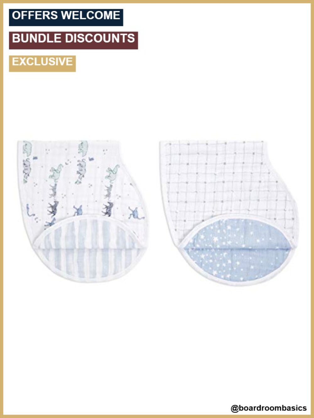 Cotton Muslin Burpy Bib 2-in-1 Burp Cloth Snap Closure 2-Pack 22.5x11
